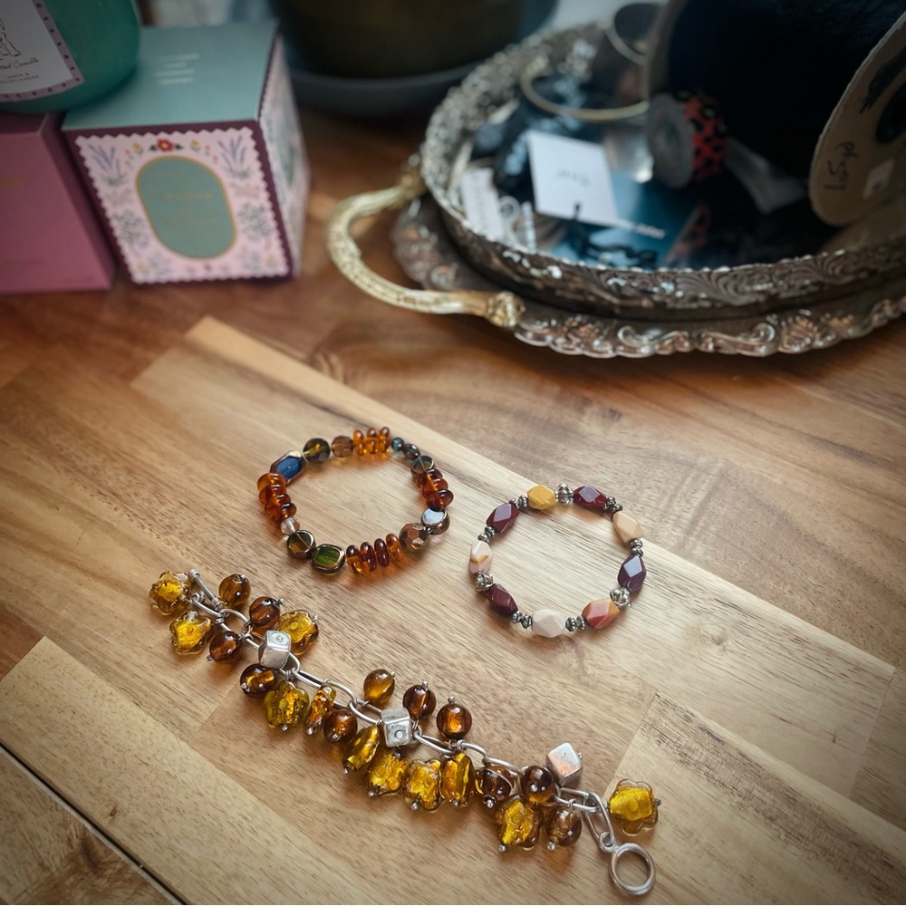 Amber Brown Orange Autumn Solver Beaded Bracelet Set Lot of 3 Stretch & Clasp